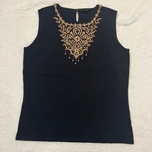 Fontana‎ Black Sleeveless tan Beaded Neckline tank Top XL embellished